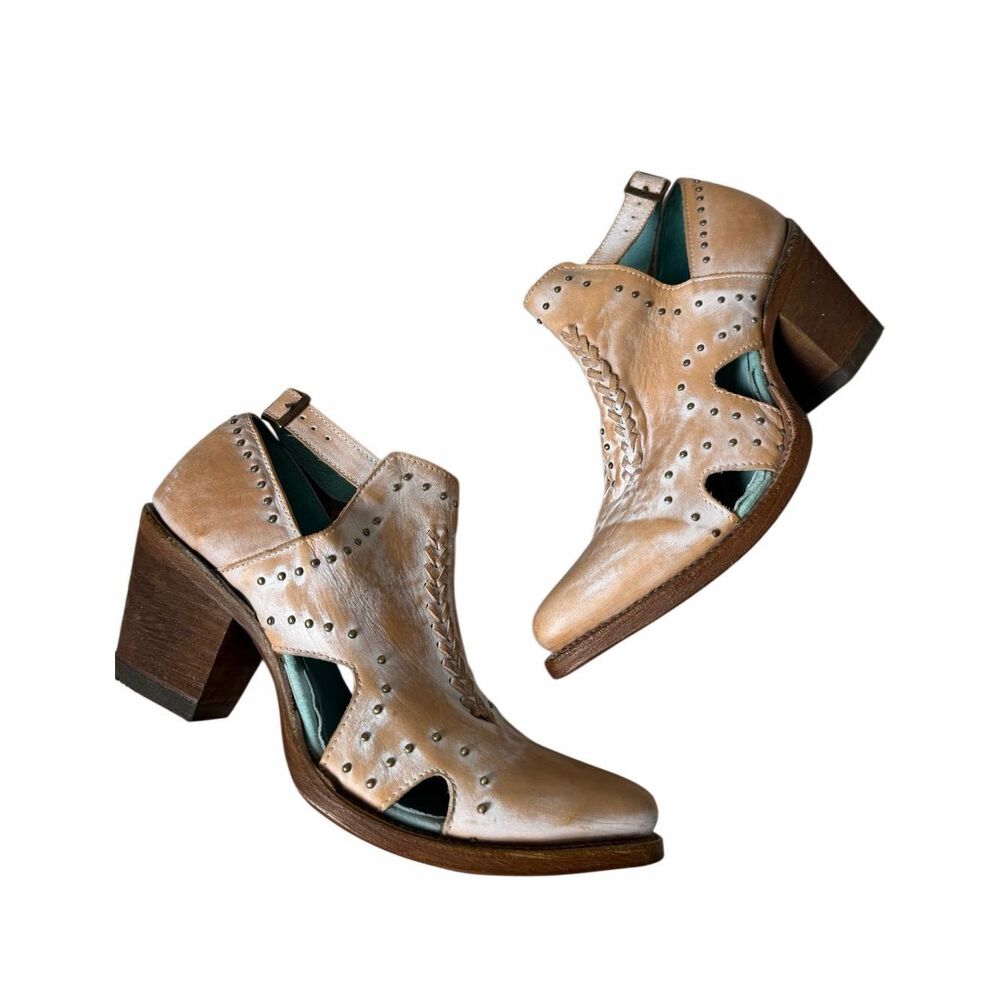 CORRAL Ankle Mule Boots Distressed Leather Studded Cut Out Boho Western Tan Whit